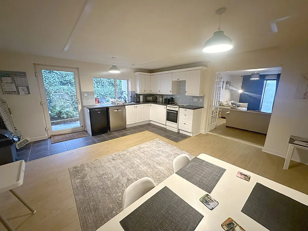 The kitchen and dining room
